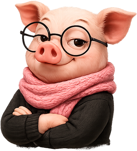 Polly the Pig, round glasses and a pink scarf, arms crossed with a knowing look