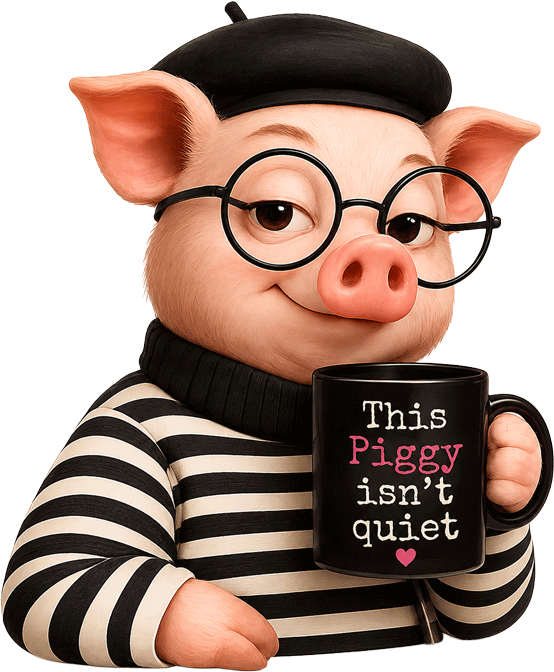 Polly the Pig in a beret and striped sweater, holding a mug that reads This Piggy isn't quiet